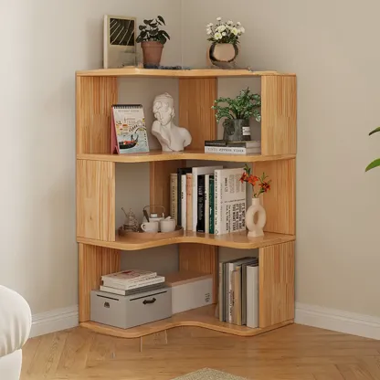 Natural Finish L-Shaped Vertical Wood Open Back Bookcase Image - 4