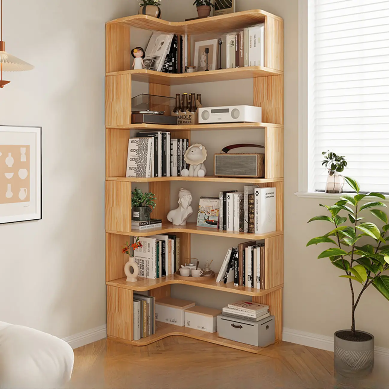 Natural Finish L-Shaped Vertical Wood Open Back Bookcase Image - 10 | homeyfad