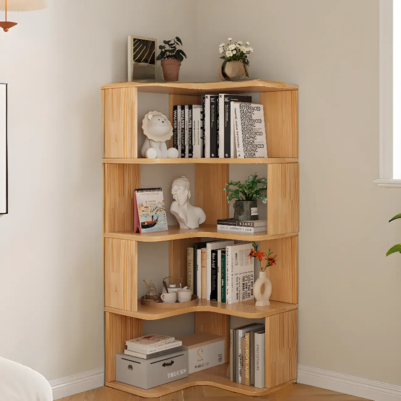 Natural Finish L-Shaped Vertical Wood Open Back Bookcase Image - 6