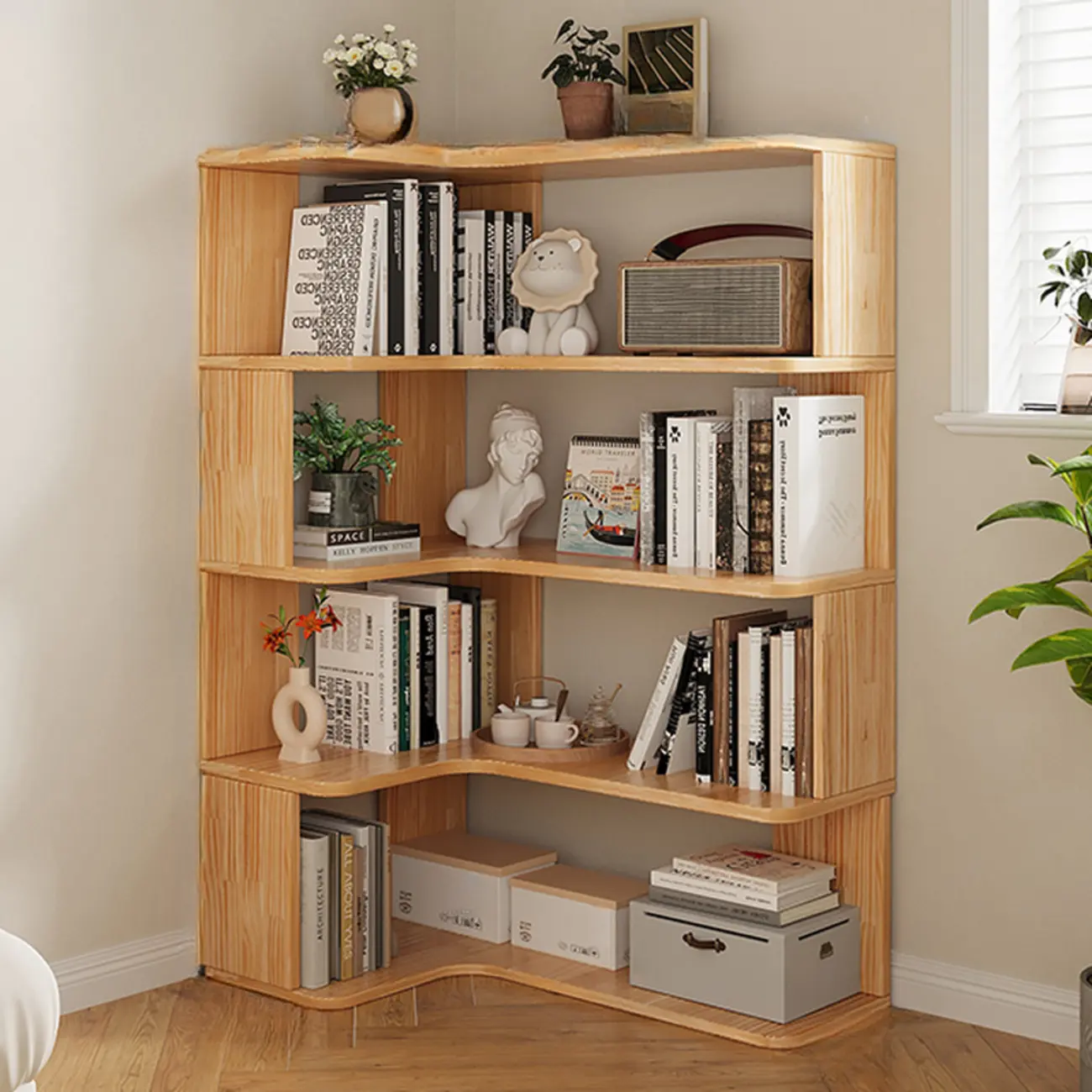 Natural Finish L-Shaped Vertical Wood Open Back Bookcase Image - 7 | homeyfad