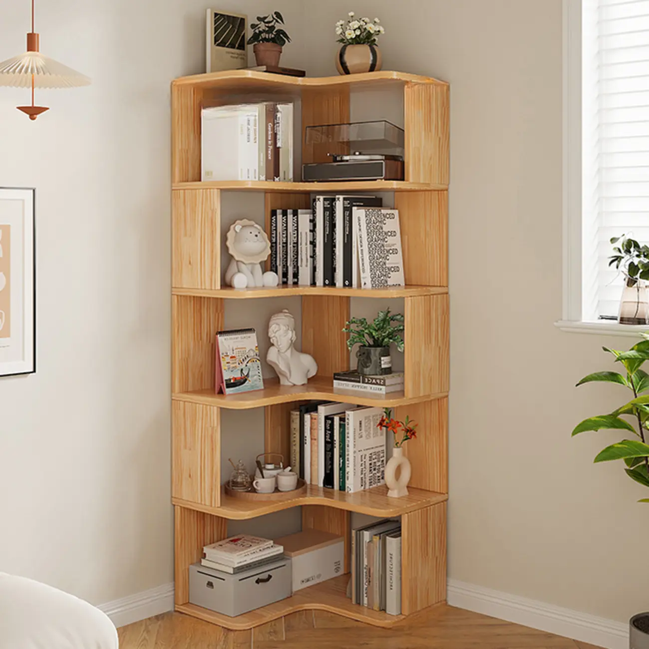Natural Finish L-Shaped Vertical Wood Open Back Bookcase Image - 1 | homeyfad