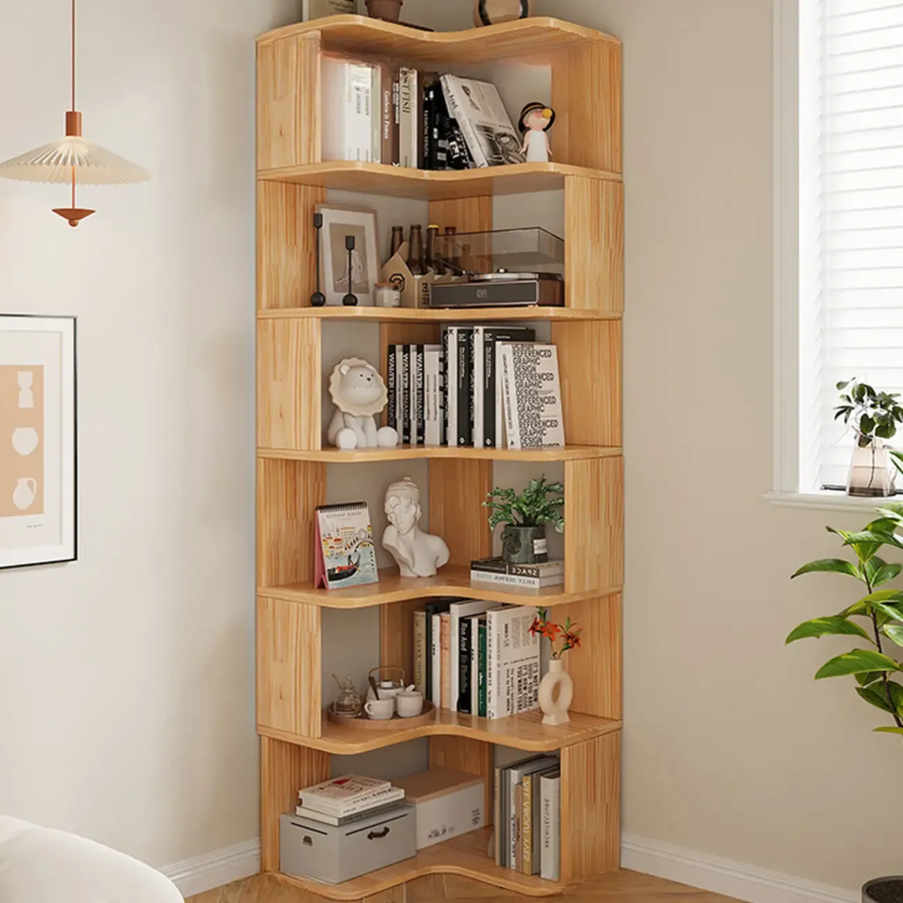 Natural Finish L-Shaped Vertical Wood Open Back Bookcase Image - 11
