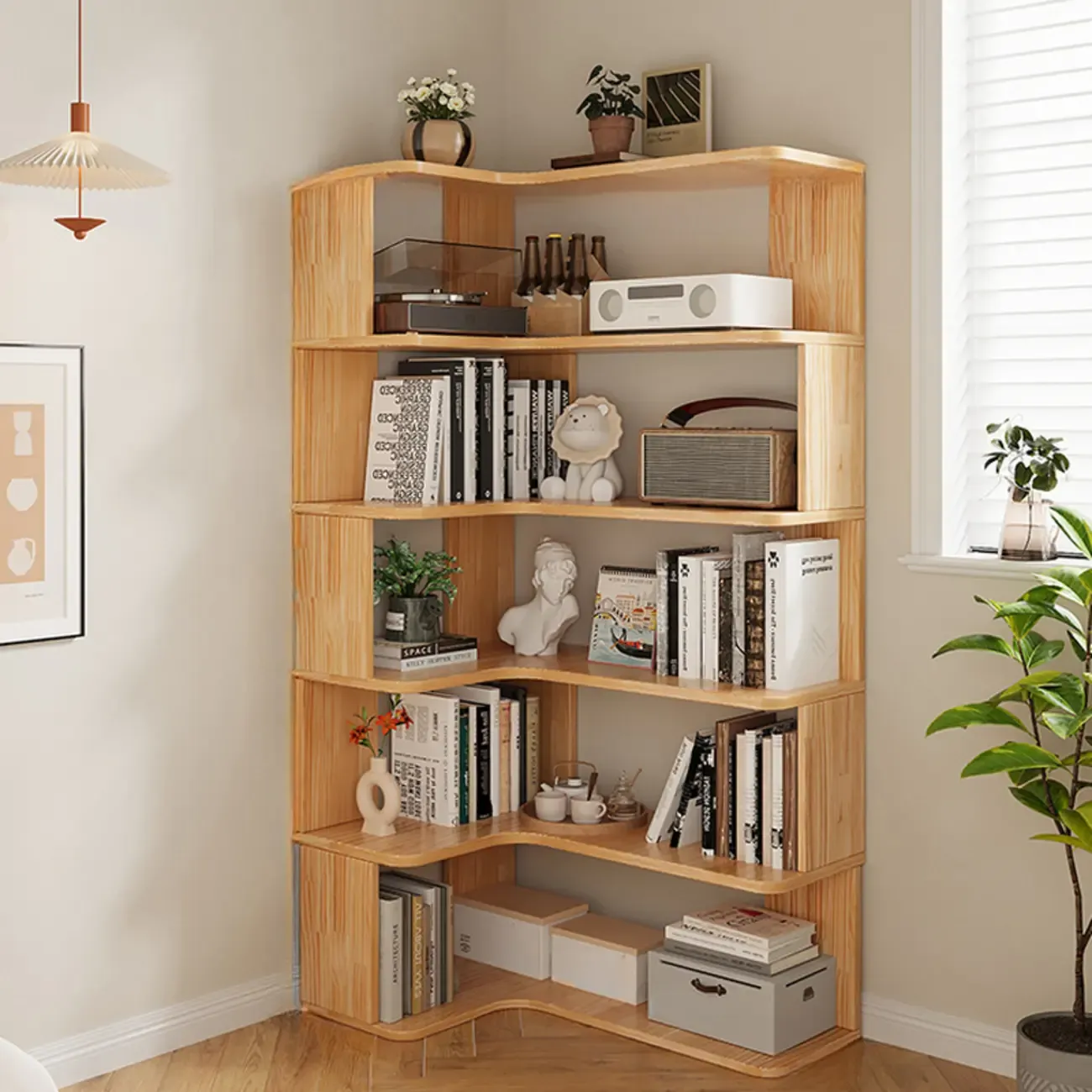 Natural Finish L-Shaped Vertical Wood Open Back Bookcase Image - 9