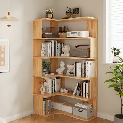 Natural Finish L-Shaped Vertical Wood Open Back Bookcase Image - 9