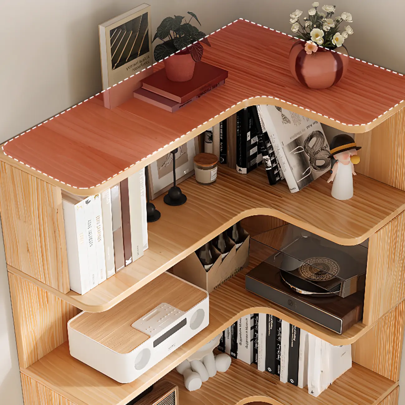 Natural Finish L-Shaped Vertical Wood Open Back Bookcase Image - 5 | homeyfad