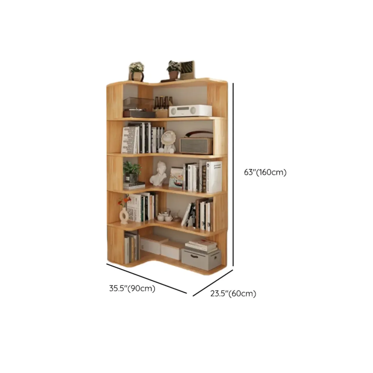 Natural Finish L-Shaped Vertical Wood Open Back Bookcase Image - 18