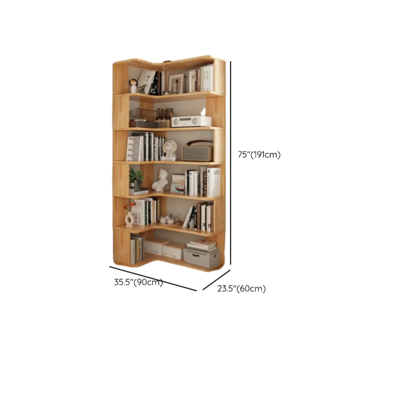 Natural Finish L-Shaped Vertical Wood Open Back Bookcase Image - 19 | homeyfad
