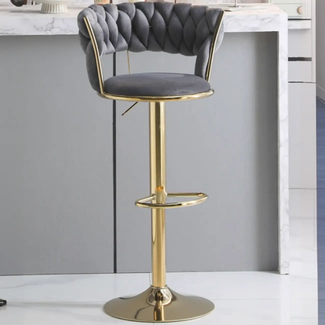 Glam Gold Metal Round Adjustable Bar Stools Image - 3 | homeyfad