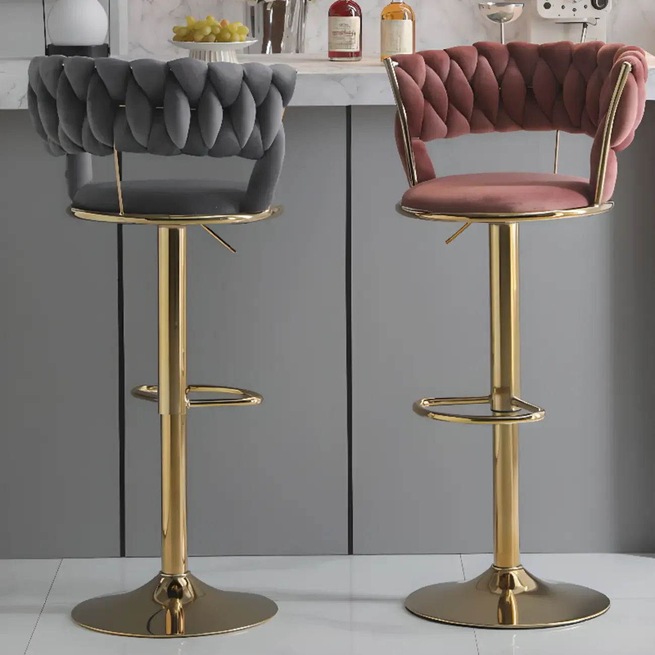 Glam Gold Metal Round Adjustable Bar Stools Image - 9