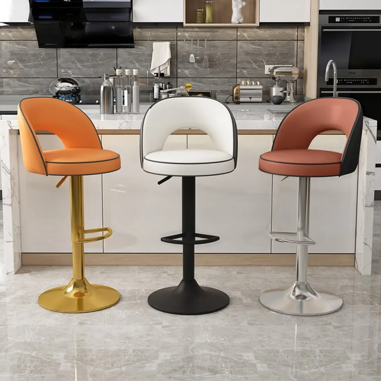 Modern Round Open Back Faux Leather Bar Stools Image - 4