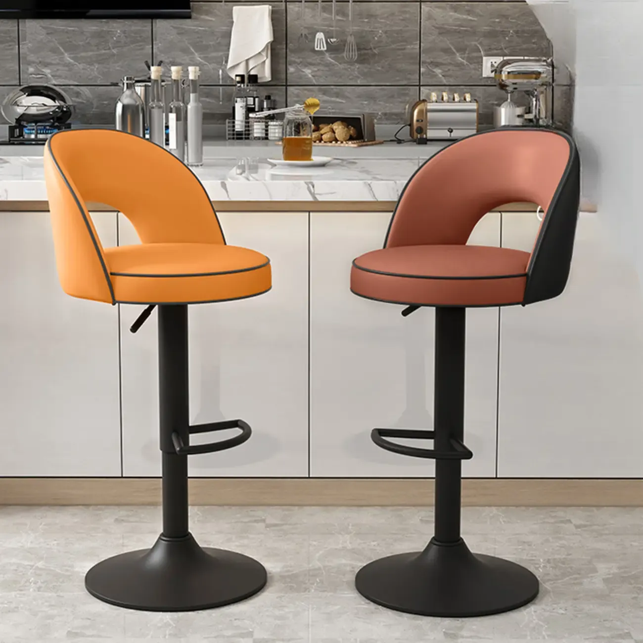 Modern Round Open Back Faux Leather Bar Stools Image - 3