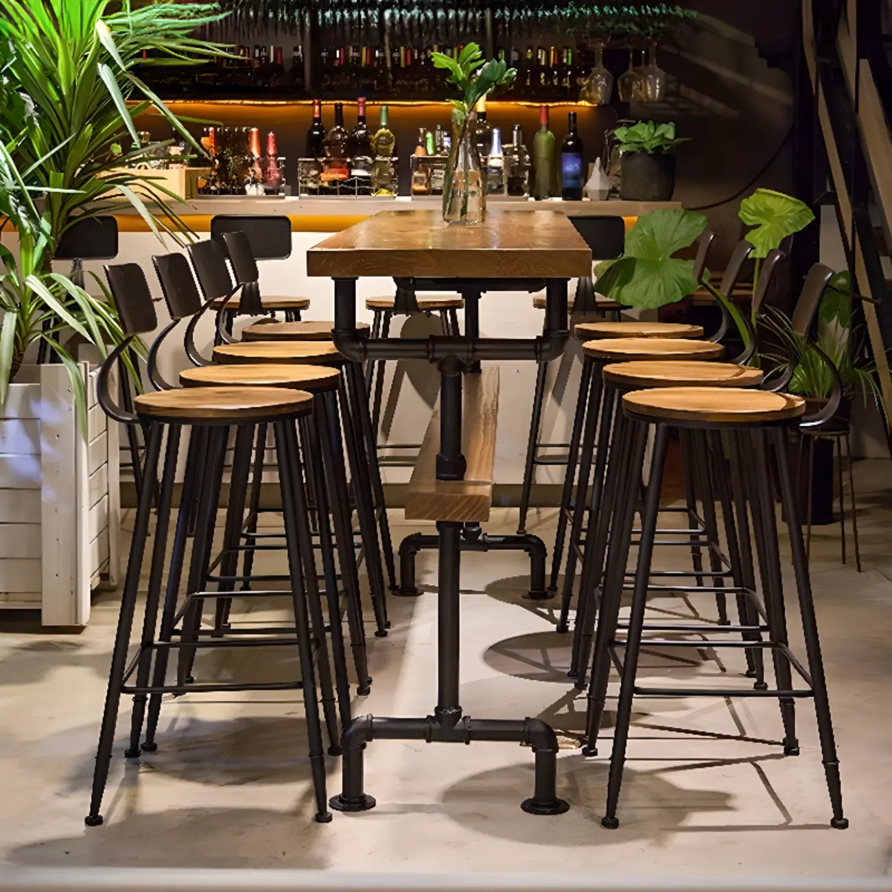 Industrial Brown Black Metal Wood Bar Tables Image - 2 | homeyfad