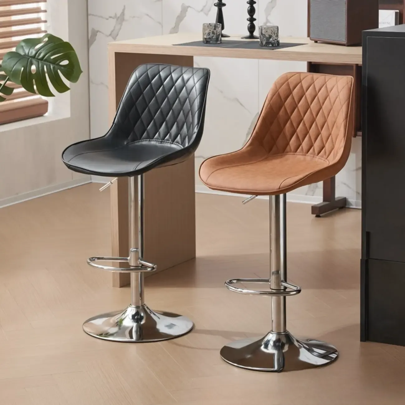 Chic Leather Tufted Swivel Adjustable Bar Stool Image - 2