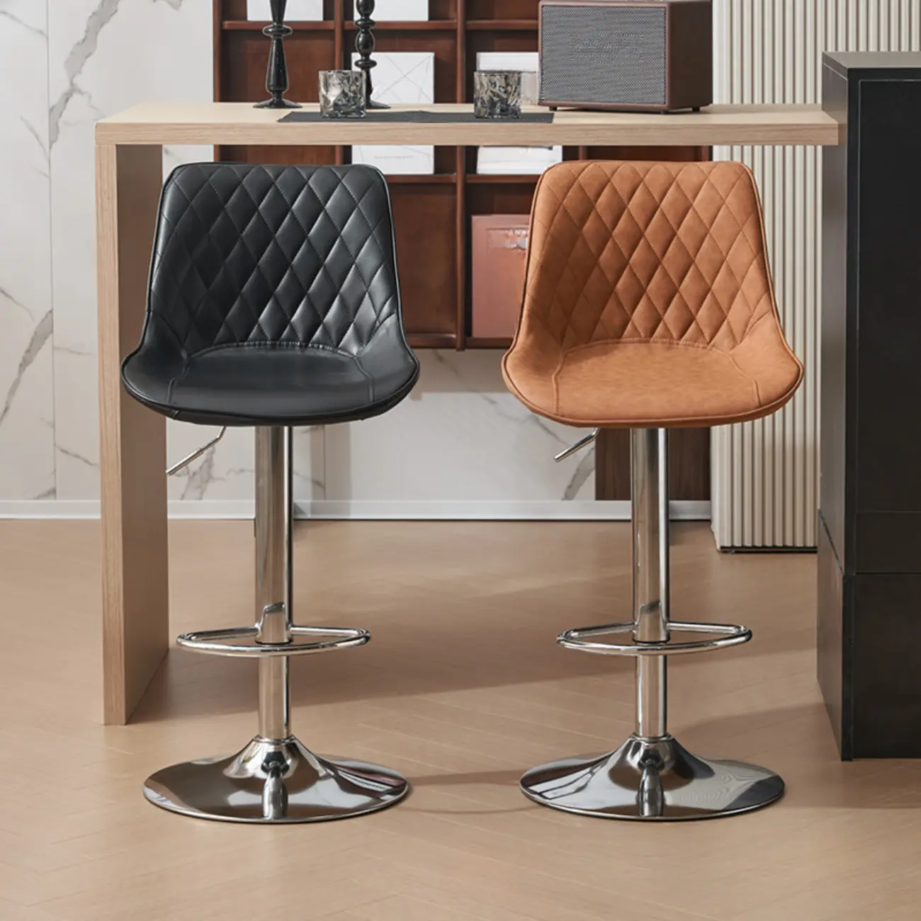 Chic Leather Tufted Swivel Adjustable Bar Stool Image - 1 | homeyfad