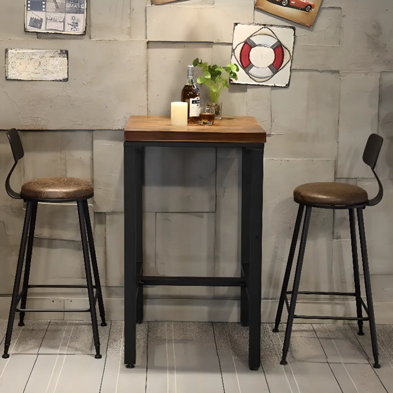 Industrial Brown Wooden Square Trestle Bar Tables Image - 4 | homeyfad