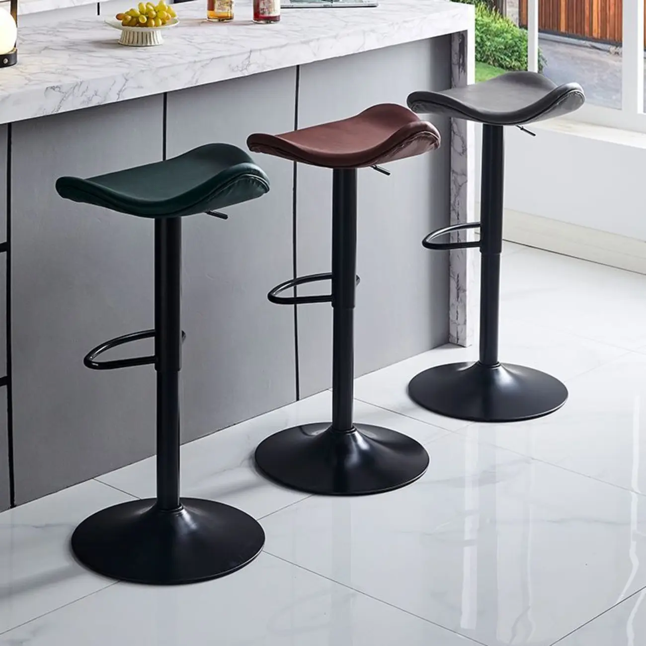 Faux Leather Saddle Swivel Adjustable Bar Stool Image - 2 | homeyfad