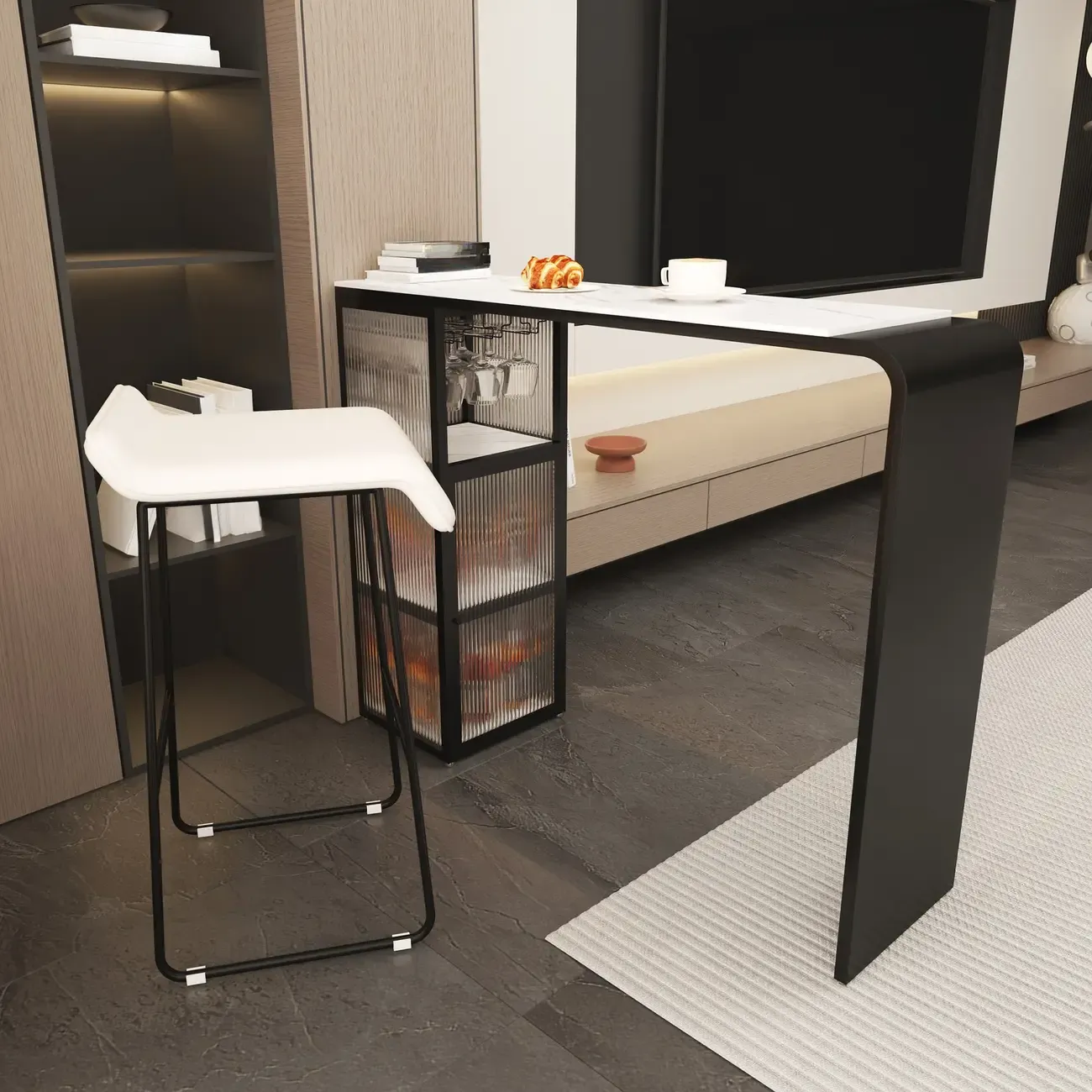 Sleek White Slate Storage Bar Tables with Stemware Holders Image - 4