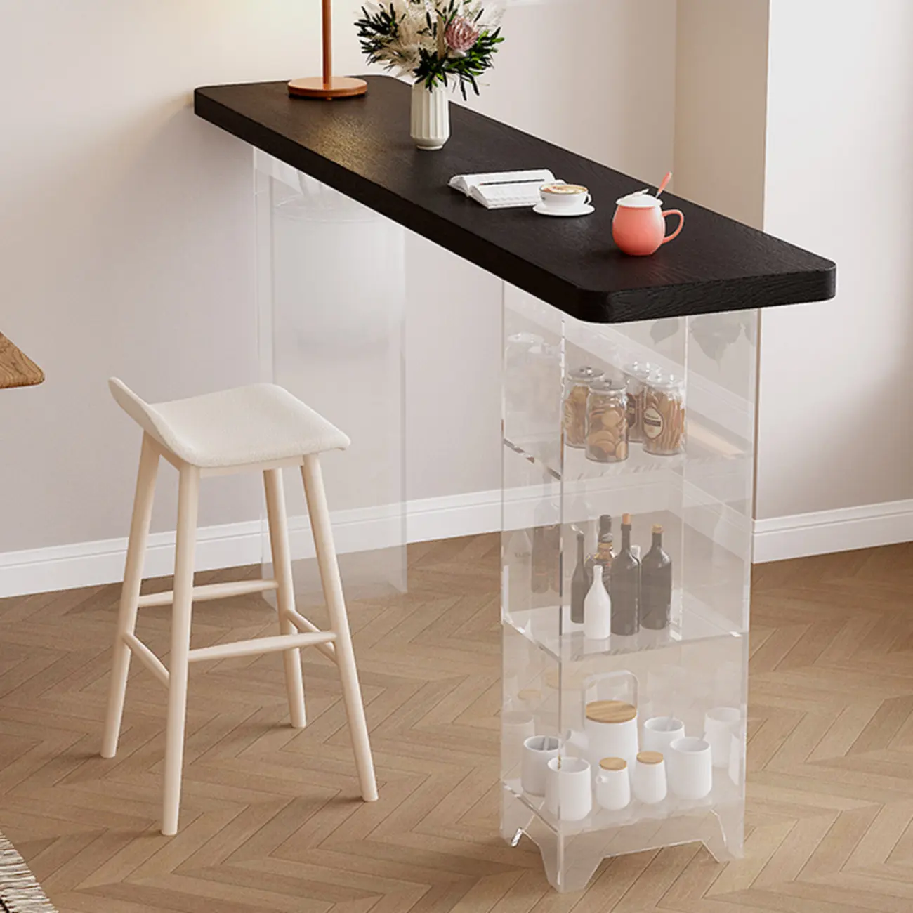Modern Black Wooden Grain Top Clear Acrylic Storage Bar Tables Image - 1 | homeyfad