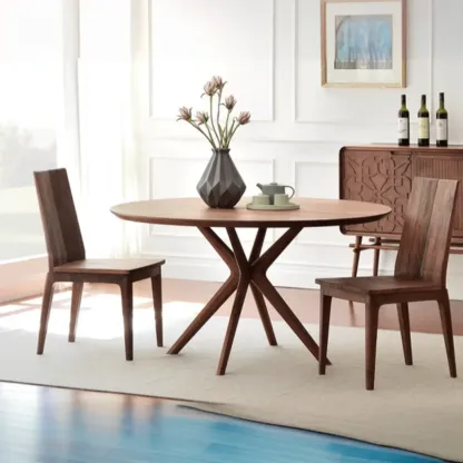 Modern Brown Solid Wood Round Dining Table Image - 3