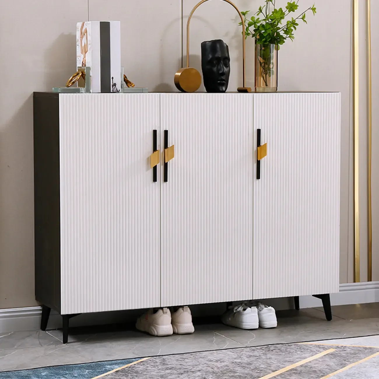 Modish White Wood Shoe Cabinet with Adjustable Shelves Image - 1