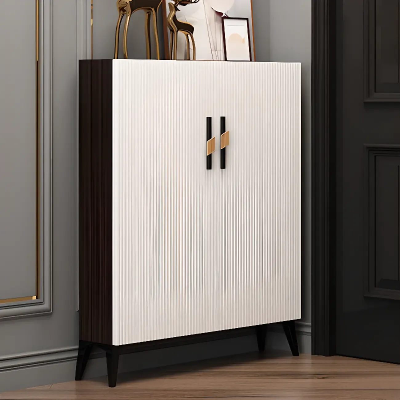 Modish White Wood Shoe Cabinet with Adjustable Shelves Image - 3