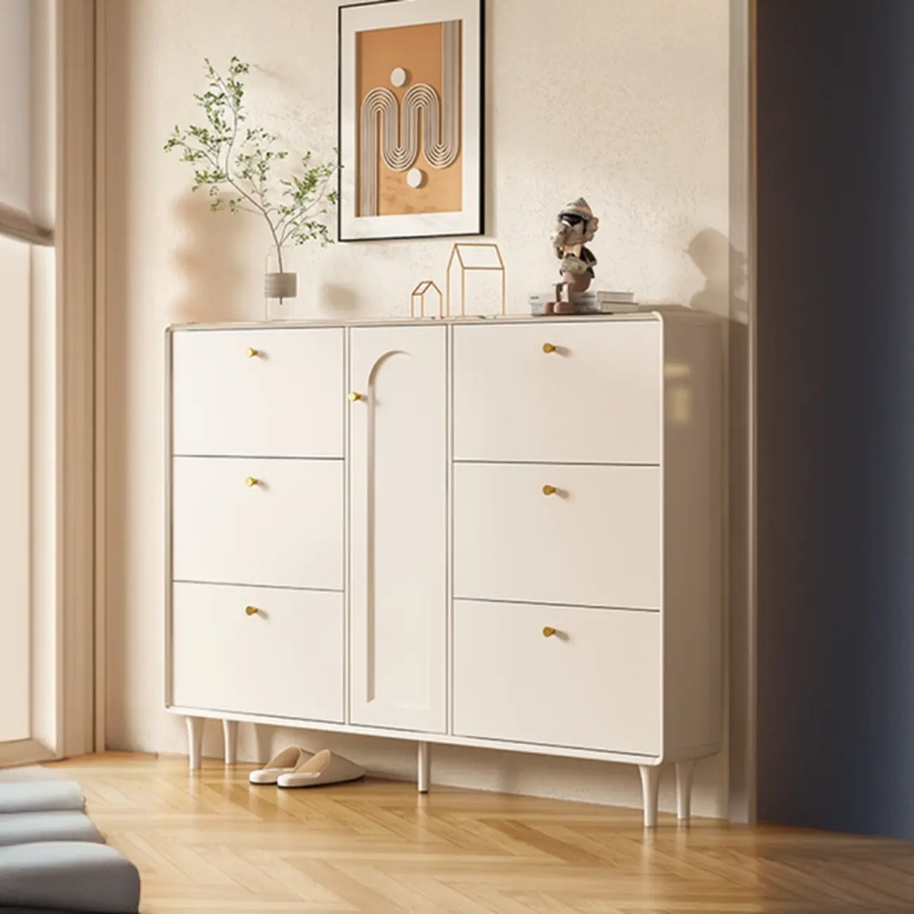 Beige Wood Entryway Shoe Cabinet with Hidden Storage  Image - 3 | homeyfad