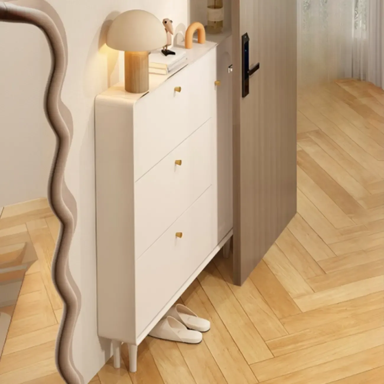 Beige Wood Entryway Shoe Cabinet with Hidden Storage  Image - 4
