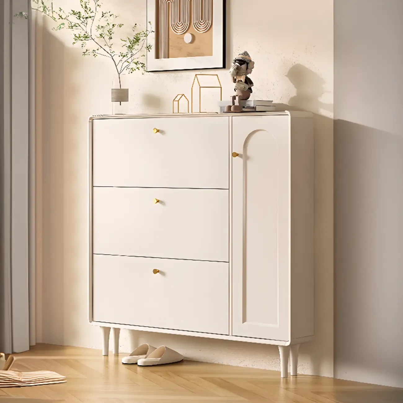 Beige Wood Entryway Shoe Cabinet with Hidden Storage  Image - 7