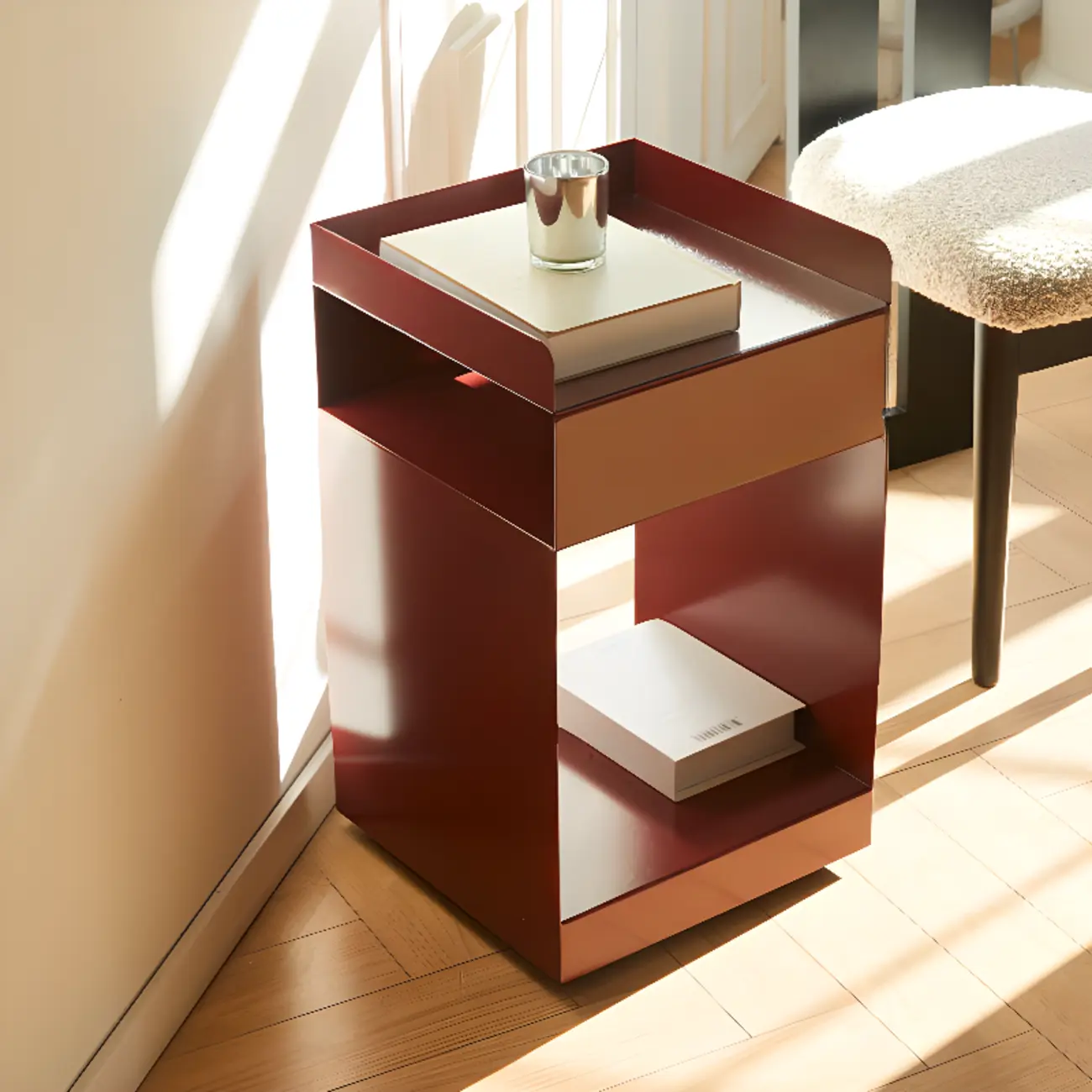 White Rectangular Steel Swivel Side Table with Storage Image - 4 | homeyfad