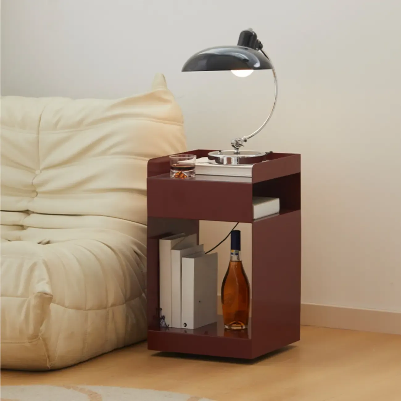 White Rectangular Steel Swivel Side Table with Storage Image - 2