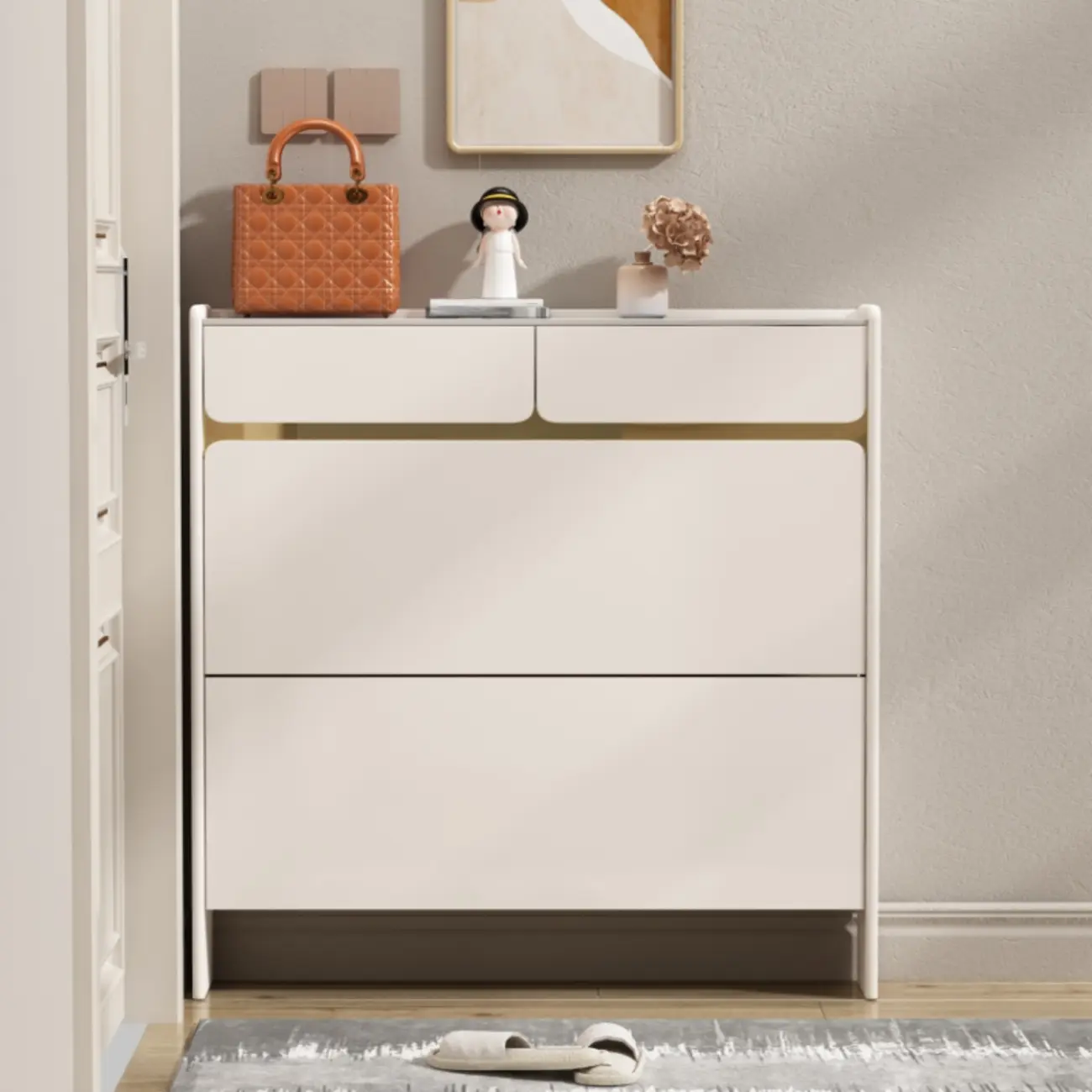 Entryway Glam White Wood Shoe Cabinet with Drawers Image - 1 | homeyfad