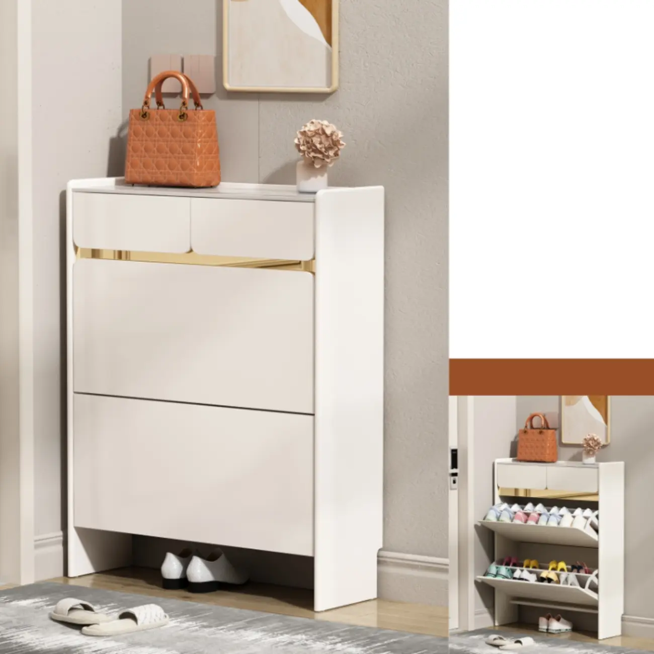 Entryway Glam White Wood Shoe Cabinet with Drawers Image - 2 | homeyfad