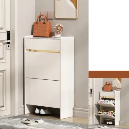 Entryway Glam White Wood Shoe Cabinet with Drawers Image - 3