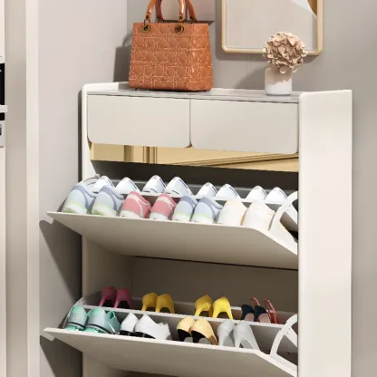 Entryway Glam White Wood Shoe Cabinet with Drawers Image - 10