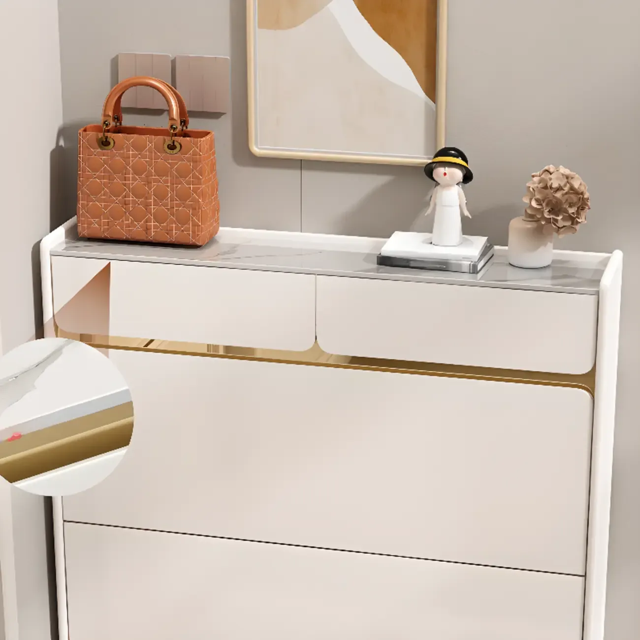 Entryway Glam White Wood Shoe Cabinet with Drawers Image - 11