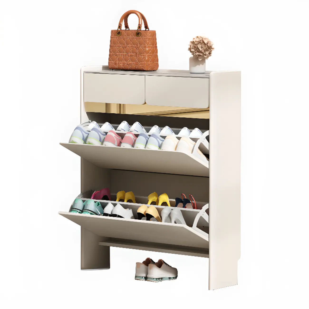 Entryway Glam White Wood Shoe Cabinet with Drawers Image - 12 | homeyfad
