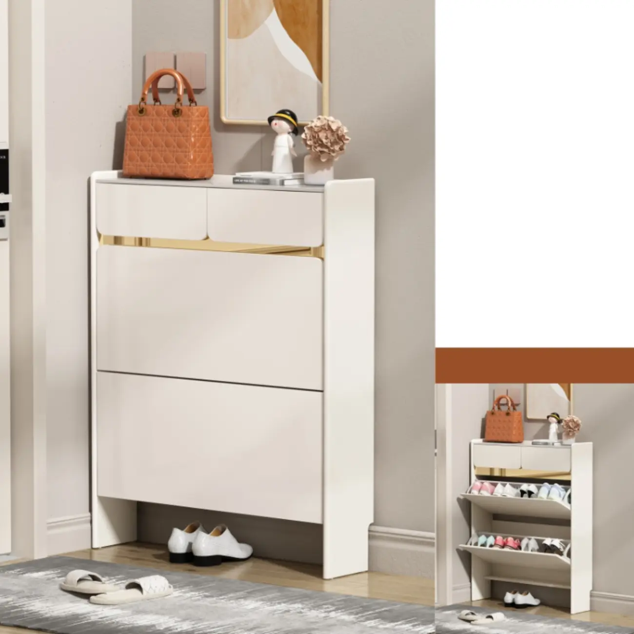 Entryway Glam White Wood Shoe Cabinet with Drawers Image - 13 | homeyfad
