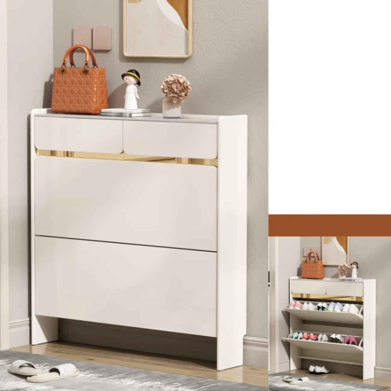 Entryway Glam White Wood Shoe Cabinet with Drawers Image - 15 | homeyfad