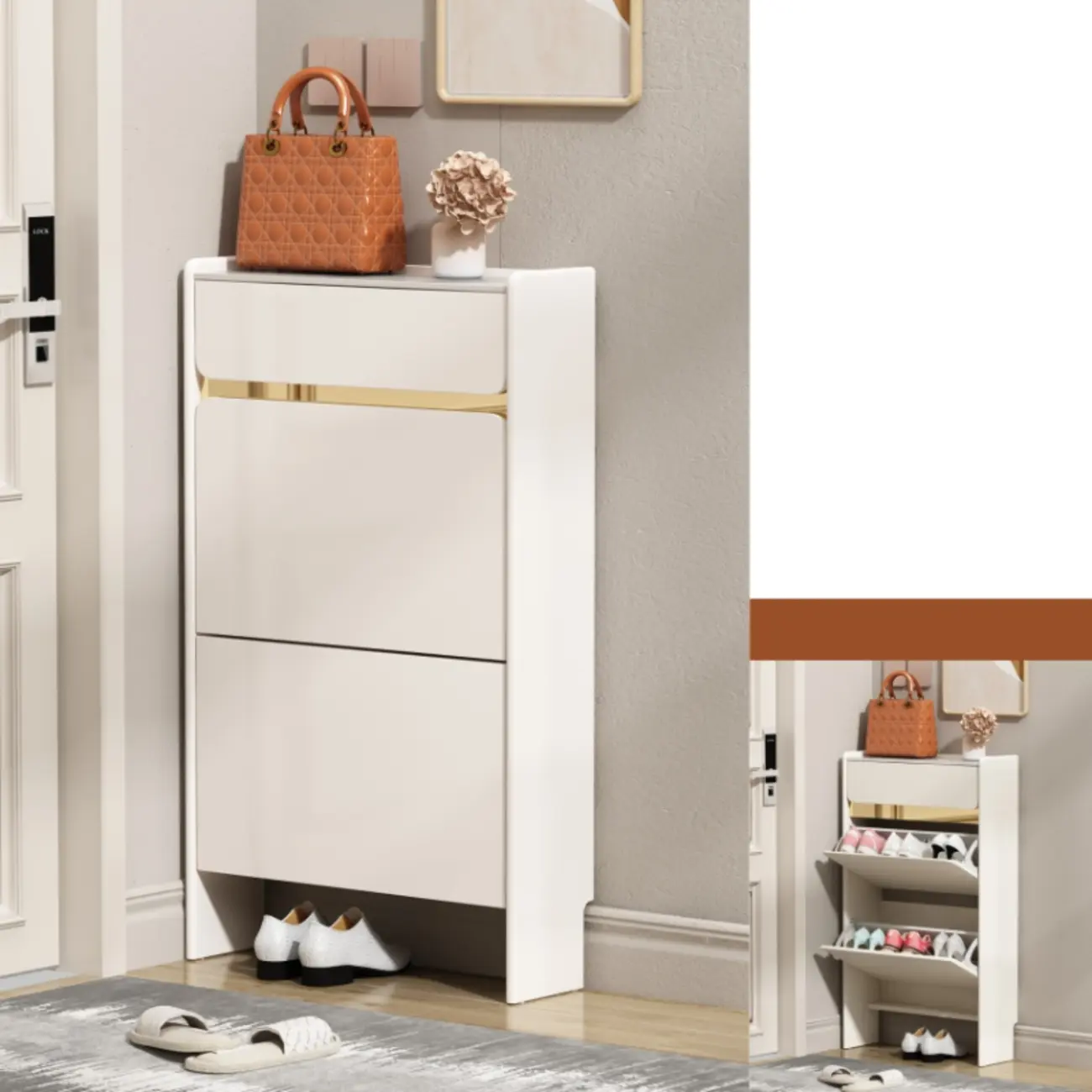 Entryway Glam White Wood Shoe Cabinet with Drawers Image - 18 | homeyfad