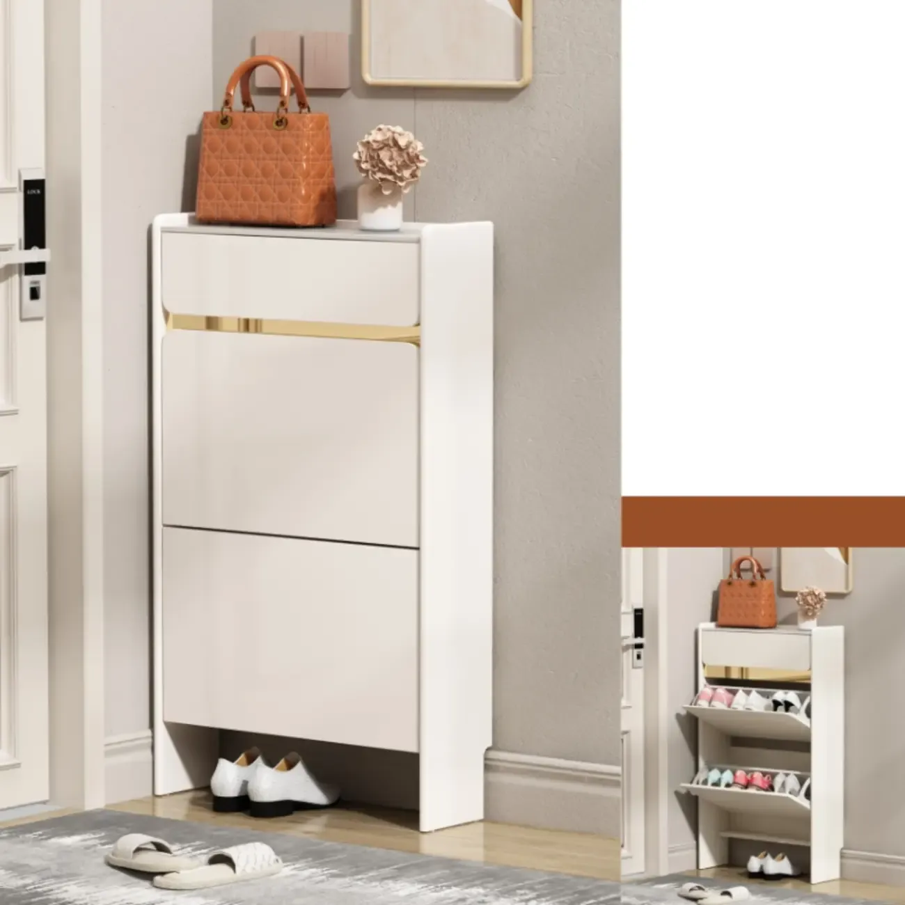 Entryway Glam White Wood Shoe Cabinet with Drawers Image - 18