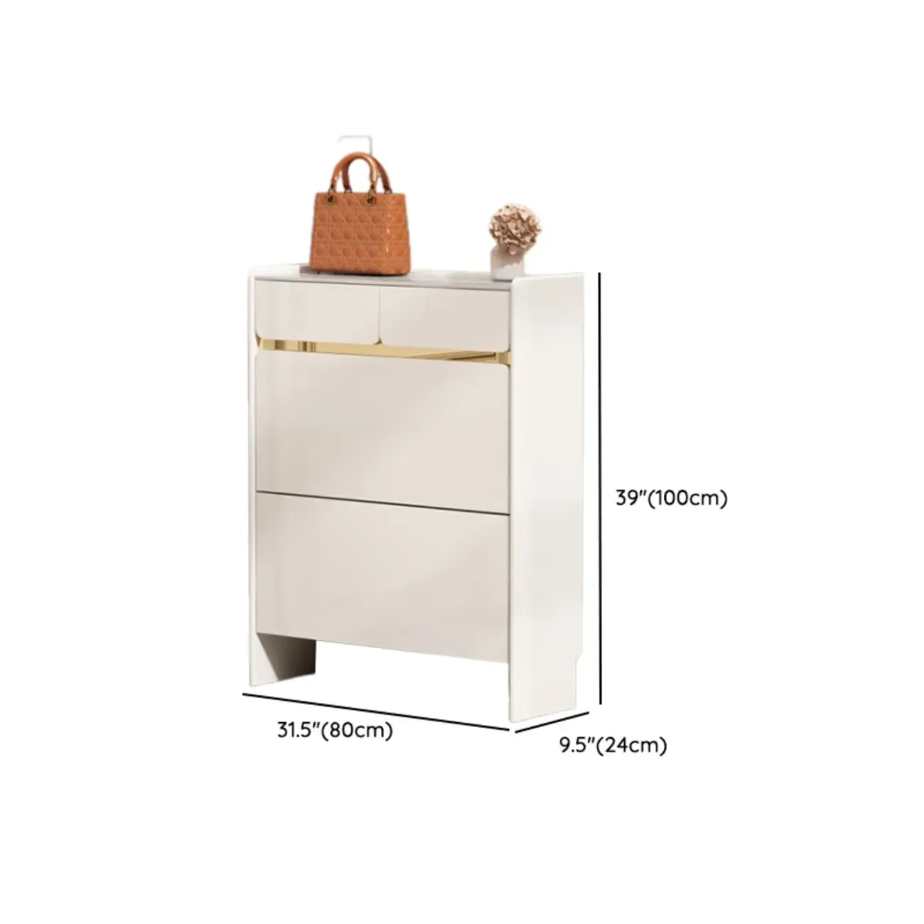 Entryway Glam White Wood Shoe Cabinet with Drawers #size