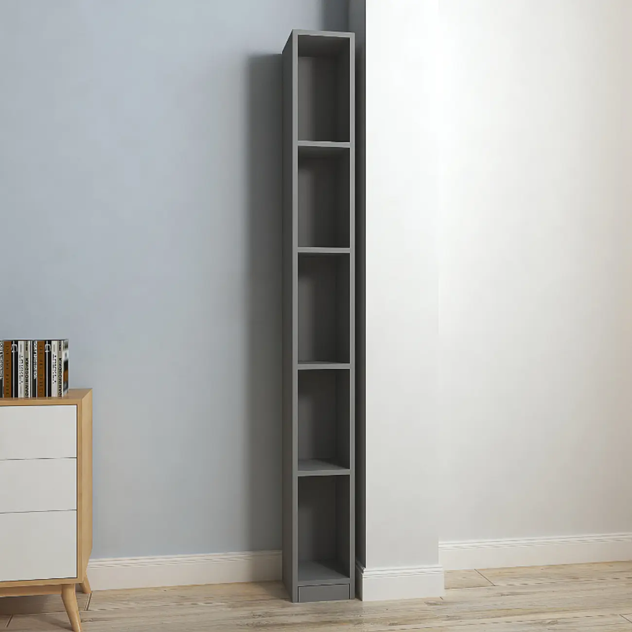 Sleek Modern Rectangle Lumber Tall Shelf Display Cabinet Image - 3 | homeyfad