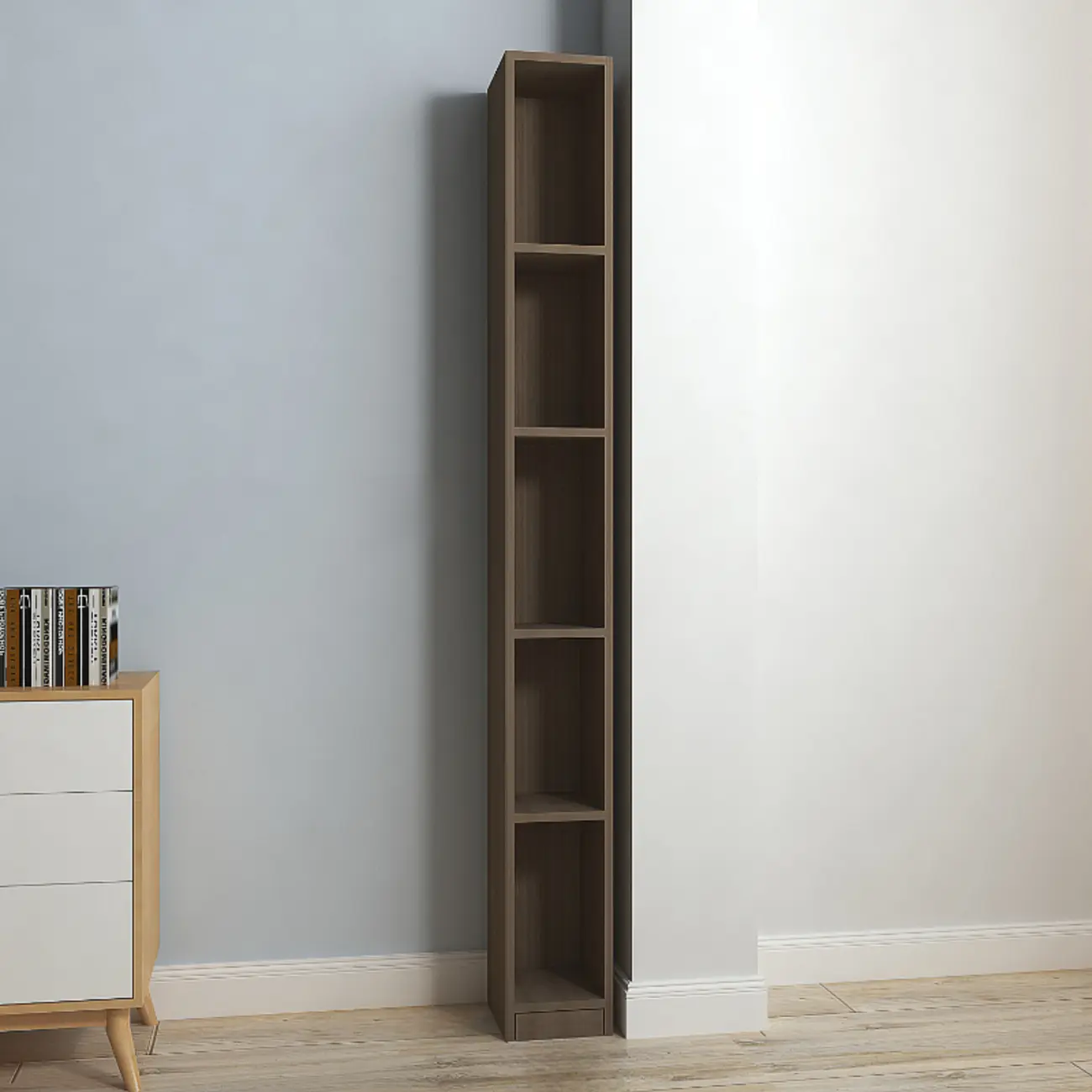 Sleek Modern Rectangle Lumber Tall Shelf Display Cabinet Image - 5 | homeyfad