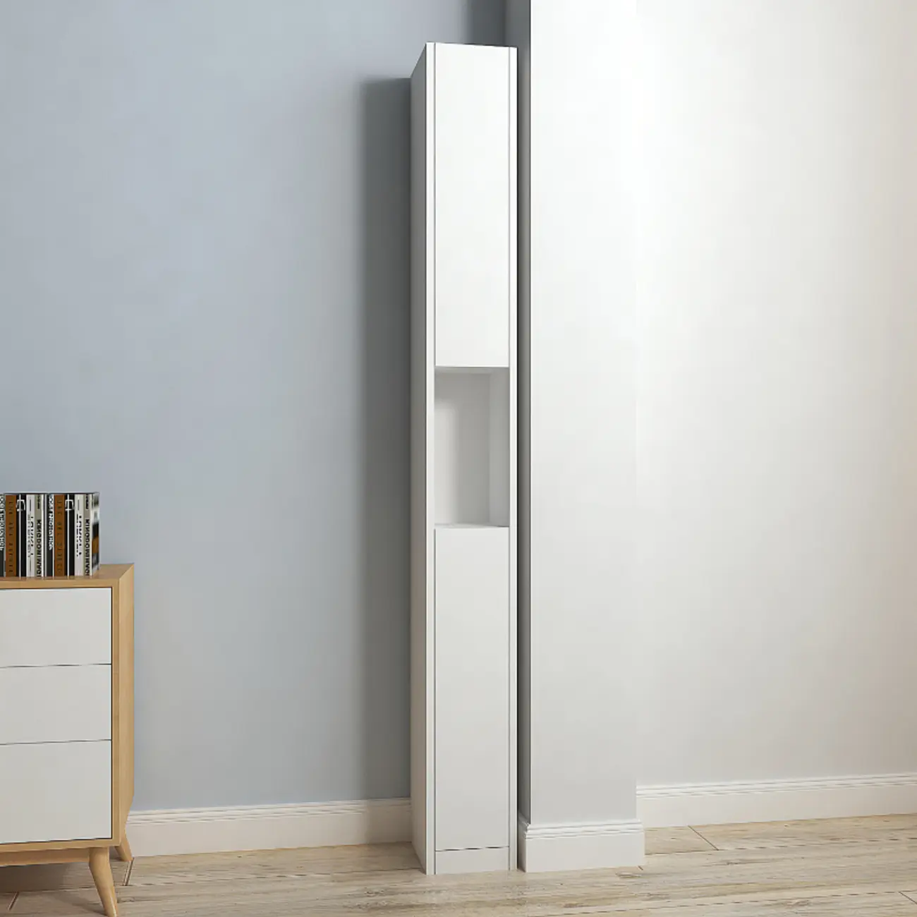 Sleek Modern Rectangle Lumber Tall Shelf Display Cabinet Image - 7 | homeyfad