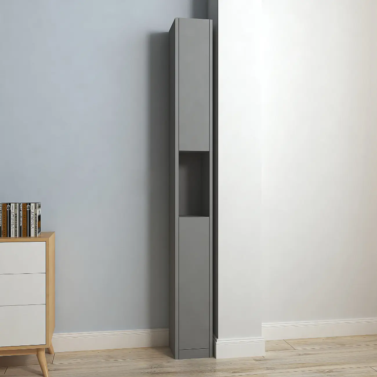 Sleek Modern Rectangle Lumber Tall Shelf Display Cabinet Image - 9 | homeyfad