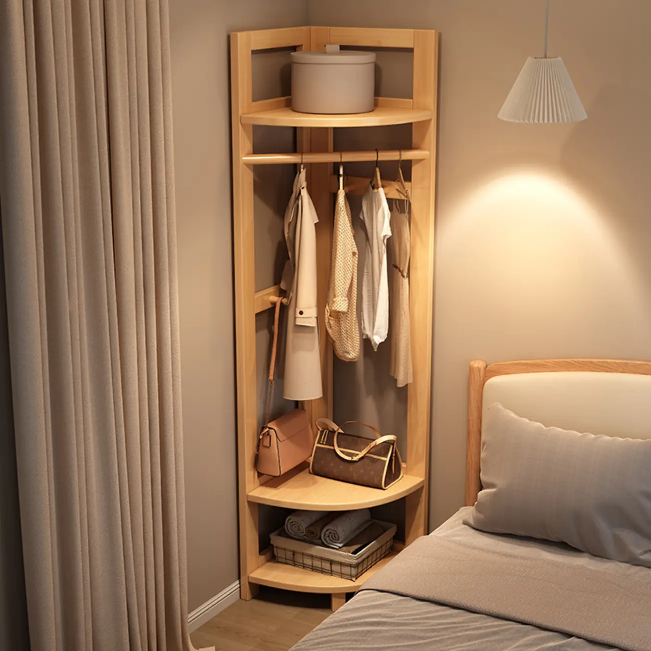 Modern Corner Wood Hooks Coat Rack with Shelves Image - 2 | homeyfad
