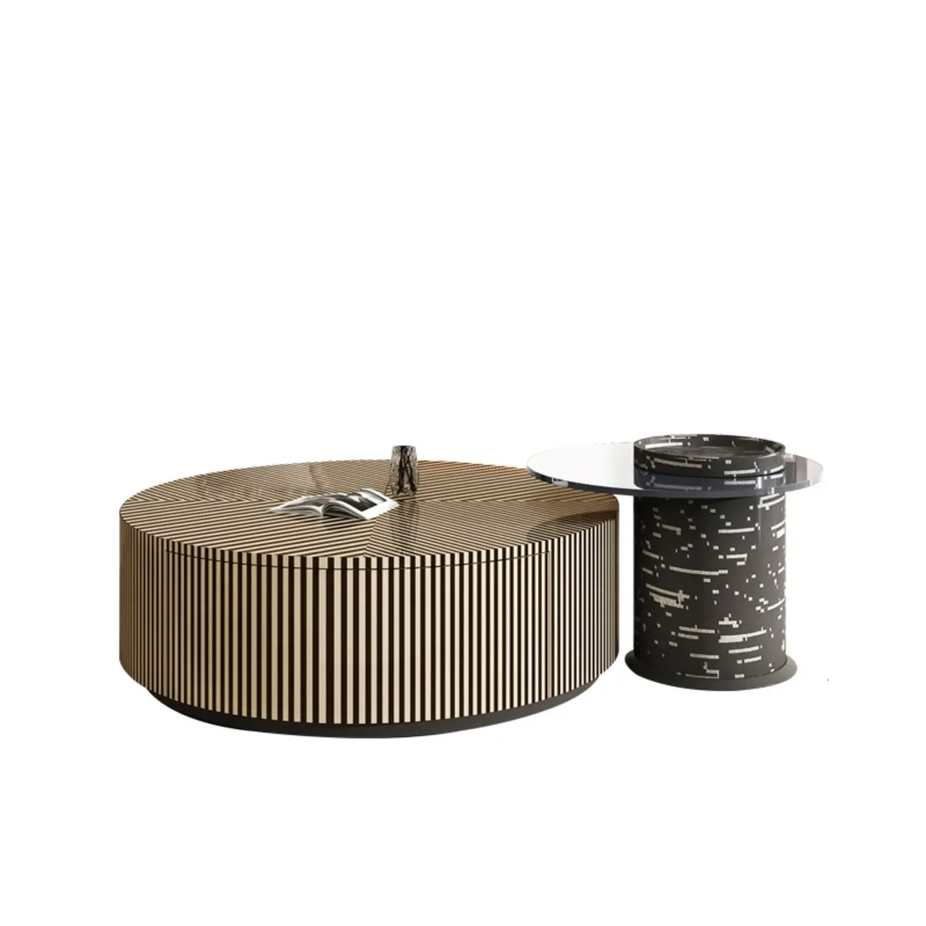 Black and White Stripe Wooden Round Coffee Drawer Table Image - 7 | homeyfad