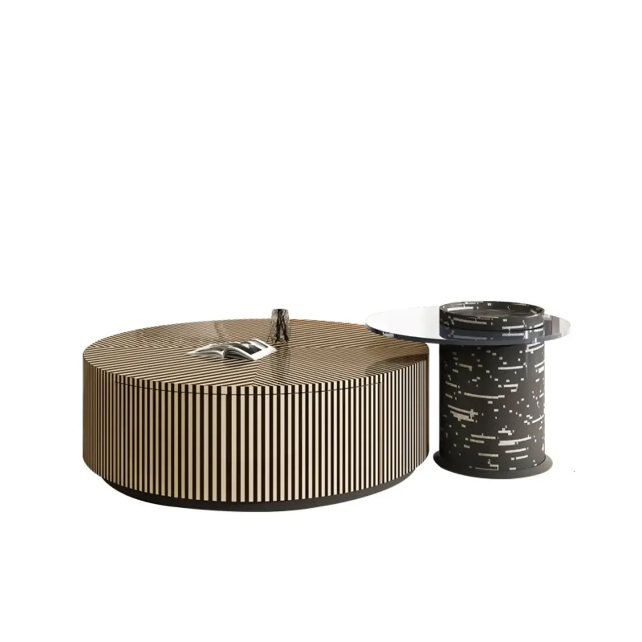 Black and White Stripe Wooden Round Coffee Drawer Table Image - 7