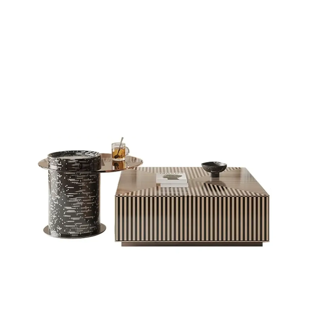 Black and White Stripe Wooden Round Coffee Drawer Table Image - 8
