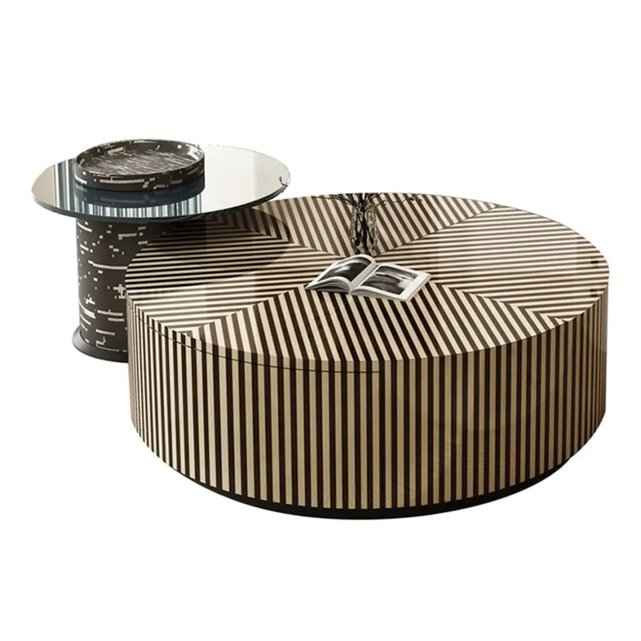 Black and White Stripe Wooden Round Coffee Drawer Table Image - 10